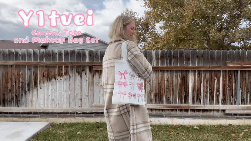 Y1tvei Crochet Canvas Tote Bag - 2Pcs Cosmetic Pouch Tote Bag Reusable Grocery Folding Shopping Bag for Crocheters Women