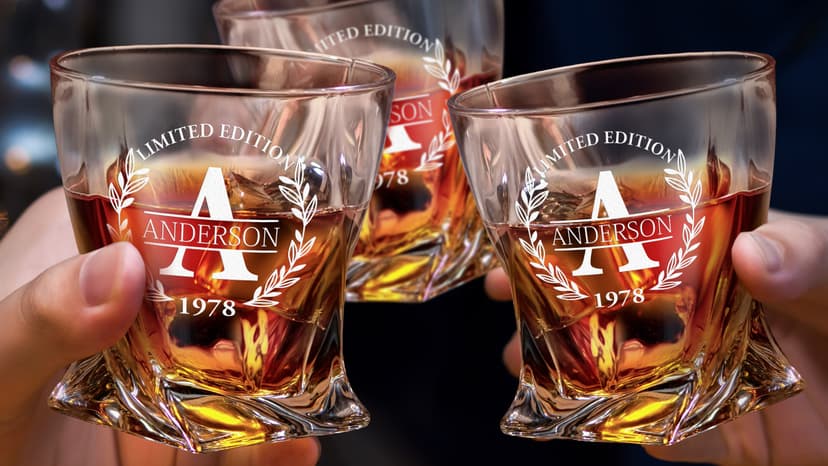 Personalized Whiskey Decanter and Stones Set - Customized Gift for Him - Men, Dad, Father - Engraved Twisted Decanter,2 Twisted Glasses, 2 XL Chilling Balls, Coasters, Tongs in Wooden Gift Box