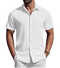 COOFANDY Men's Linen Shirts Short Sleeve Casual Shirts Button Down Shirt for Men Beach Summer Wedding Shirt