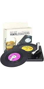 Funny Retro Record Coasters for Drinks with Vinyl Player Holder for Music Lovers,Set of 6 Conversation Piece Sayings Drink Coaster,Housewarming Hostess Wedding Registry Gift Ideas