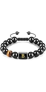 FRG Initials Bracelets for Men Letter Link Handmade Natural Black Onyx Tiger Eye Stone Beads Braided Rope Meaningful Bracelet