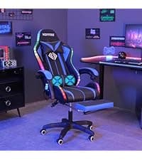 HOFFREE RGB Gaming Chair with Speakers Massage Computer Gaming Chair with LED Lights and Footrest High Back Video Game Chair for Adults Blue and Black