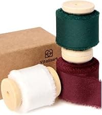 Vitalizart Merry Christmas Ribbon 5/8 Inch Natural Cotton Handmade Frayed Fringe Ribbons 15 Yd for Gift Wrapping Crafts Flower Wreath Garland Holiday Decorations Green Red White