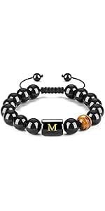 FRG Initials Bracelets for Men Letter Link Handmade Natural Black Onyx Tiger Eye Stone Beads Braided Rope Meaningful Bracelet