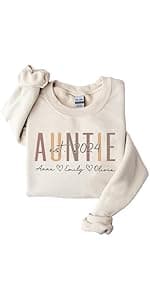 DILYPOD Personalized Auntie Name Sweatshirt, Custom Auntie with Kids Names On Sleeve, Aunt Sweatshirt, Aunt Gift, Christmas Shirt for Women, Gift for Mothers Day Womens Day Birthday