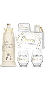 Engagement Gifts for Couples, Boyfriend and Girlfriend Wine Glass Engaged Gift Set with Wine Bag, Fiance Fiancee Gift for Him and Her Bride and Groom, Wedding Bridal Shower Gifts for Newlywed