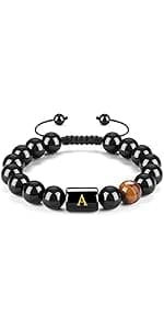 FRG Initials Bracelets for Men Letter Link Handmade Natural Black Onyx Tiger Eye Stone Beads Braided Rope Meaningful Bracelet