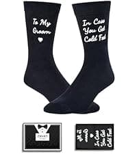 HAPPYPOP Wedding Gifts for Groom - Black Tuxedo Socks for Groom, I Do What She Says Engagement Socks
