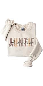 DILYPOD Personalized Auntie Name Sweatshirt, Custom Auntie with Kids Names On Sleeve, Aunt Sweatshirt, Aunt Gift, Christmas Shirt for Women, Gift for Mothers Day Womens Day Birthday
