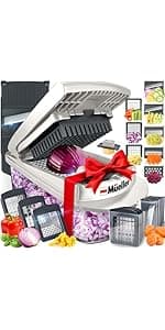 Mueller Pro-Series All-in-One, 12 Blade Mandoline Slicer for Kitchen, Food Chopper, Cucumber Slicer and Spiralizer, Cutter, Dicer, Grater, Gifts for Mom, Kitchen Essentials, White Sand/Green
