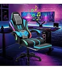 HOFFREE RGB Gaming Chair with Speakers Massage Computer Gaming Chair with LED Lights and Footrest High Back Video Game Chair for Adults Blue and Black