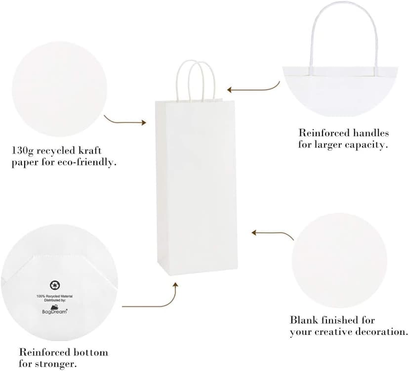 BagDream Kraft Paper Bags 5.25x3.25x13 Inches 50Pcs White Paper Wine Gift Bags with Handles Bulk for Wine, Gift, Retail, Party Favor