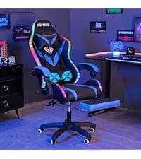 HOFFREE RGB Gaming Chair with Speakers Massage Computer Gaming Chair with LED Lights and Footrest High Back Video Game Chair for Adults Blue and Black