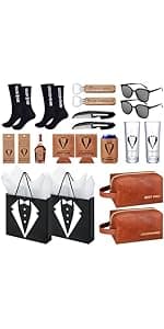 60Pcs Groomsmen Gifts Groomsmen Proposal Box with Shot Glasses Socks Sunglasses PU Leather Toiletry Bag Bottle Opener Can Cooler Groomsman Gifts for Wedding Groomsmen Best Man Gift (60, Brown)
