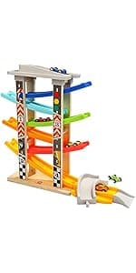 Toddler Toys for 1 2 Year Old Boy and Girl Gifts Wooden Race Track Car Ramp Racer with 4 Mini Car