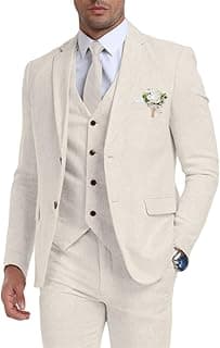 Retro Linen Mens Suit 3 Pieces Light Weight Casual Linen Summer Slim Fit Suits Tuxedo Jacket Blazer Vest Pant for Men
