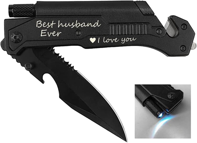 Engraved Pocket Knife, Best Husband Ever, Pocket Knife for Men with 6 Functions, LED Light, Fire Starter, Bottle Opener, Seat Belt Cutter, Glass Breaker, Birthday Anniversary Present for Men Husband
