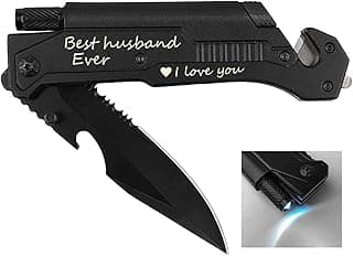 Engraved Pocket Knife, Best Husband Ever, Pocket Knife for Men with 6 Functions, LED Light, Fire Starter, Bottle Opener, Seat Belt Cutter, Glass Breaker, Birthday Anniversary Present for Men Husband