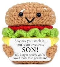 Mini Birthday Gift for Son from Dad Mom Handmade Crochet Burger for New Dad Son-in-Law Adult Sons New Father Christmas Basket Idea from Parents to Sons from Mother Father