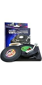 Funny Retro Record Coasters for Drinks with Vinyl Player Holder for Music Lovers,Set of 6 Conversation Piece Sayings Drink Coaster,Housewarming Hostess Wedding Registry Gift Ideas