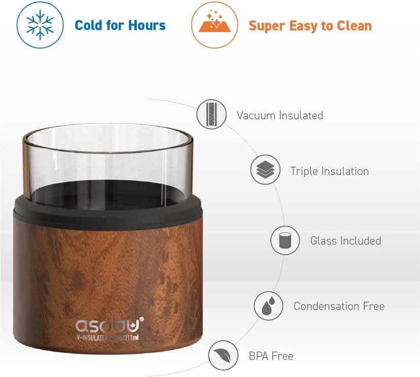 asobu Whiskey Sleeve Glass – Insulated Bourbon Tumbler with Premium Rocks Glass, BPA-Free, Double-Wall Stainless Steel, Keeps Drinks Cold Longer, 10.5oz