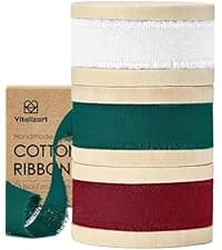 Vitalizart Merry Christmas Ribbon 5/8 Inch Natural Cotton Handmade Frayed Fringe Ribbons 15 Yd for Gift Wrapping Crafts Flower Wreath Garland Holiday Decorations Green Red White