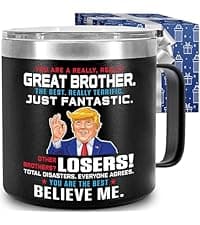 Gifts for Brother, Birthday Gifts from Sister, Present Ideas for Adult Older Bros - Best Brother Ever Bullet Tumbler 17Oz with Lid and Keychain, Insulated Travel Thermos Coffee Cup for Men