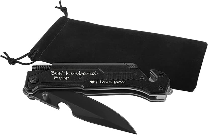 Engraved Pocket Knife, Best Husband Ever, Pocket Knife for Men with 6 Functions, LED Light, Fire Starter, Bottle Opener, Seat Belt Cutter, Glass Breaker, Birthday Anniversary Present for Men Husband