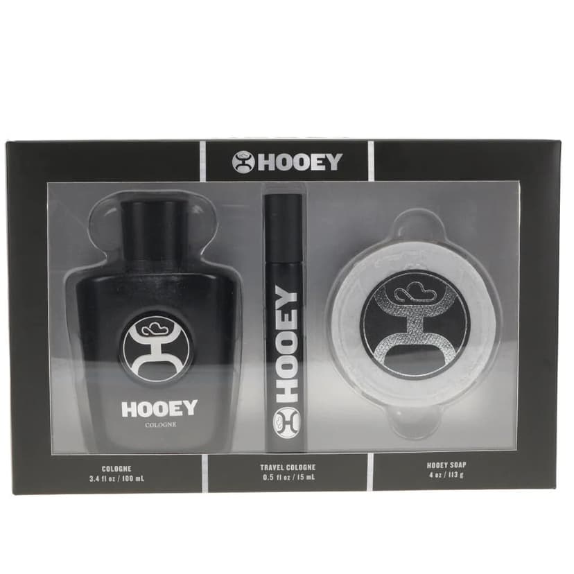 HOOEY Cologne Gift Set for Men – Includes 3.4 oz Cologne, 0.33 oz Travel Spray & 4 oz Soap - Rugged Masculine Long Lasting Scent with Leather, Sandalwood & Amber - Bold Grooming Gift for Him