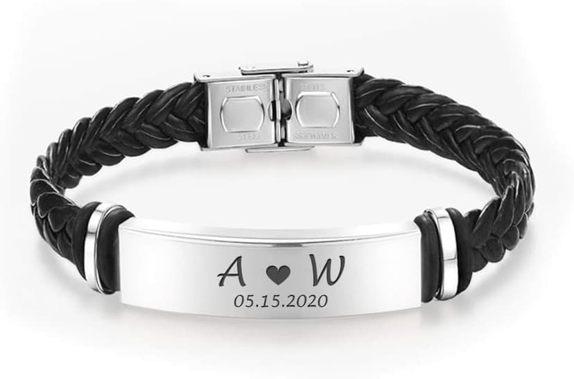 EDSG Mens Bracelet Personalized Custom Bracelets for Men Leather Engraved Bracelet Gift for Boyfriend Husband Dad Bestman Gift for Valentines Day Christmas, Birthday, Wedding, Anniversary, Father's Day