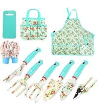 Garden Tools Set, JUMPHIGH 10 Pieces Gardening Tools with Floral Print, Ergonomic Handle Trowel Rake Weeder Pruner Shears Sprayer, Garden Hand Tools with Carrying Case Gardening Gifts for Women Father