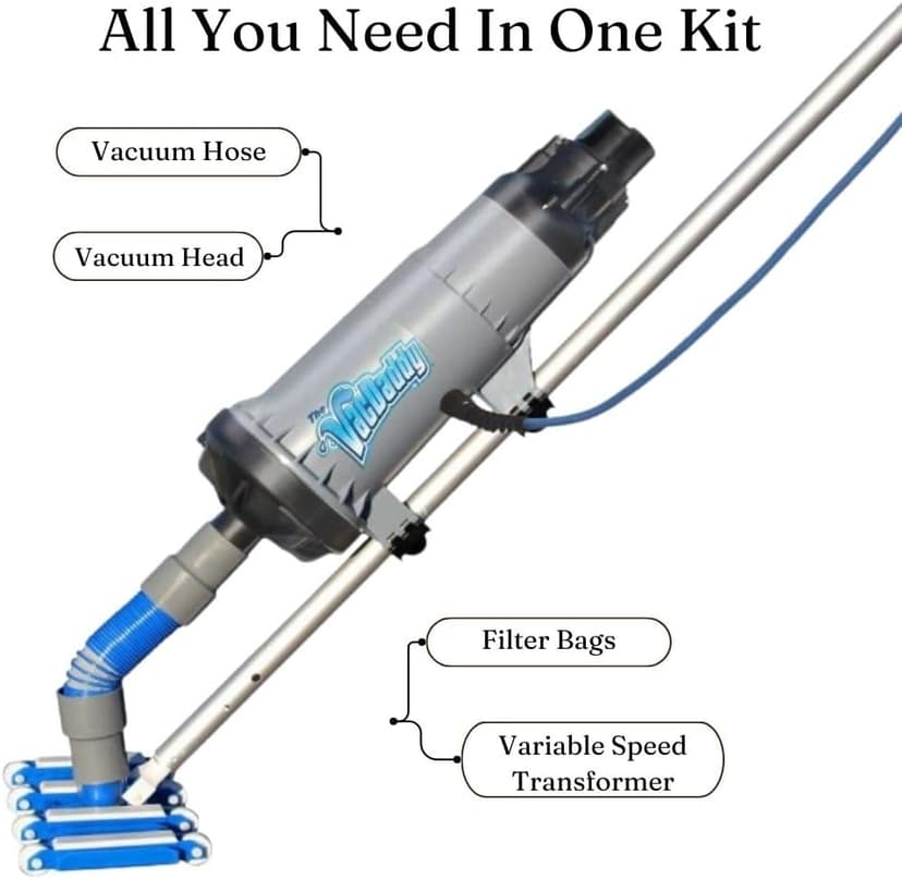 The VacDaddy FAST & POWERFUL Handheld Portable Pool Vacuum NO BATTERY REQUIRED! Cleans pools faster & better. Heavy Duty Professional Power for Residential and Commercial Inground & Above Ground Pools