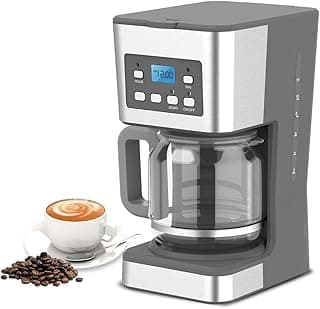 12-Cup Programmable Coffee Maker, Regular & Strong Brew Drip Coffee Machine for Home and Office, Glass Carafe, Pause & Serve, Auto Shut Off, Gray & Stainless Steel (Grey)