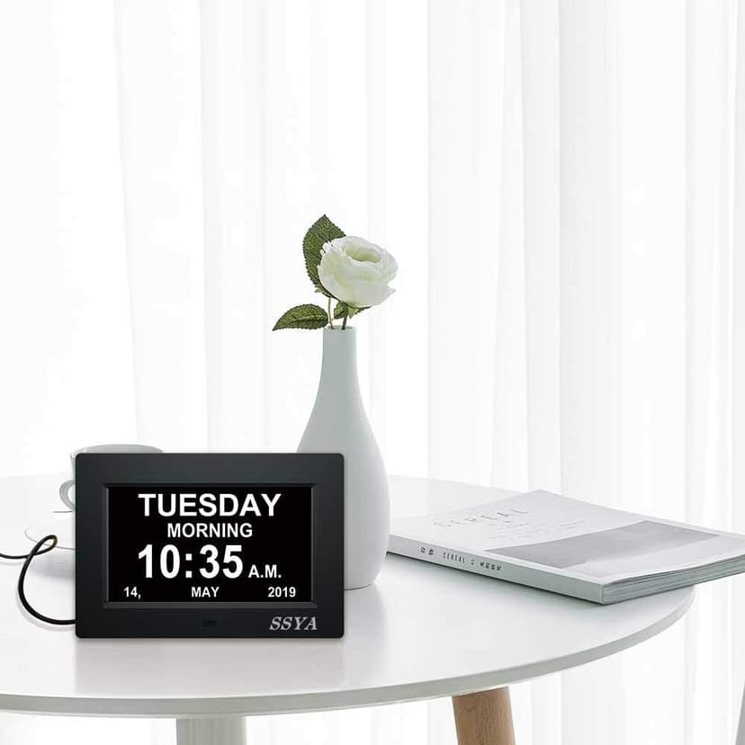 SSYA 7 Inch Calendar Clock - 12 Alarm Options, Level 5 Auto Dimmable Display,Extra Large Impaired Vision Digital Clock with Non-Abbreviated Day & Month (Black)