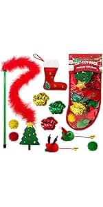 Cat Christmas Stocking, 10 Pack Gifts for Christmas, Interactive Feather Toy with Catnip, Cat Ball Toys, Crinkle Balls, Mice Toys for Indoor Cats & Kitten