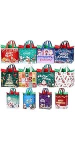 Heetobcos 12 Pack Christmas Gift Bags Large Reusable Tote Bags, Non-Wove Bags for New Year's Shopping, Christmas Surprise, Xmas Party Supplies,12.8"×9.8"×6.7"