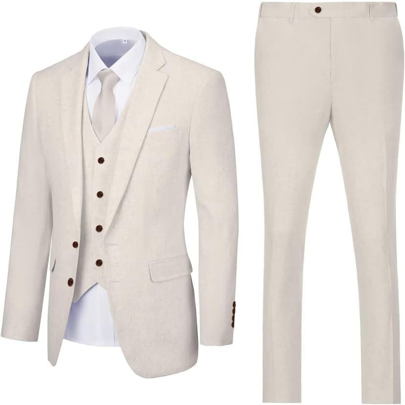 Retro Linen Mens Suit 3 Pieces Light Weight Casual Linen Summer Slim Fit Suits Tuxedo Jacket Blazer Vest Pant for Men