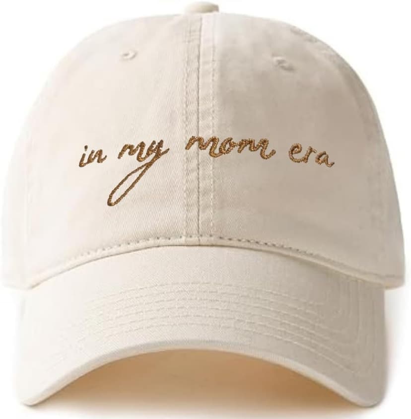 in My Mom Era Hat - Beige Baseball Cap for Moms, High Ponytail Hole, Minimalist Design, Mothers & New Mom Gifts