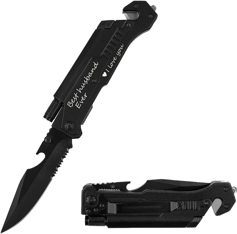 Engraved Pocket Knife, Best Husband Ever, Pocket Knife for Men with 6 Functions, LED Light, Fire Starter, Bottle Opener, Seat Belt Cutter, Glass Breaker, Birthday Anniversary Present for Men Husband
