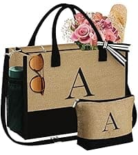 YOOLIFE Beach Bags for Women - Initial Canvas Tote Waterproof Bag with Makeup Bag Gifts for Women Mom Friend Birthday Her