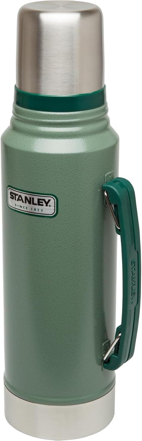 Stanley Heritage Classic Vacuum Bottle with Handle 1.1 qt | Wide Mouth w/Leakproof Cup Lid | Keep Drinks Hot or Cold | Insulated Stainless Steel Thermal Bottle | BPA-Free | Hammertone Green