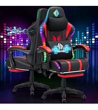 HOFFREE RGB Gaming Chair with Speakers Massage Computer Gaming Chair with LED Lights and Footrest High Back Video Game Chair for Adults Blue and Black