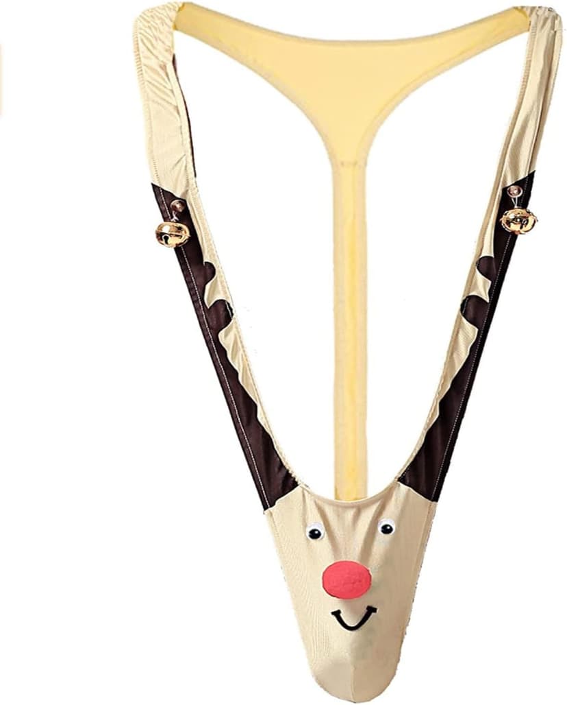 Christmas Gag Gift Funny Underwear Mens Reindeer Halloween Costume Mankini Thong w/Bells, Naughty White Elephant Gifts for Adults, Dirty Secret Santa Gifts for Men Him, Prank Stocking Stuffers for Men