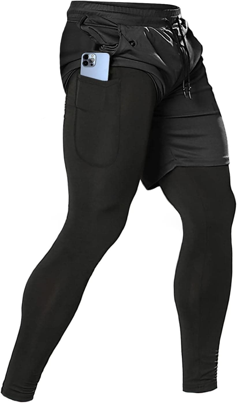 Aolesy Men's 2 in 1 Running Pants, Gym Workout Compression Pants for Men Training Athletic