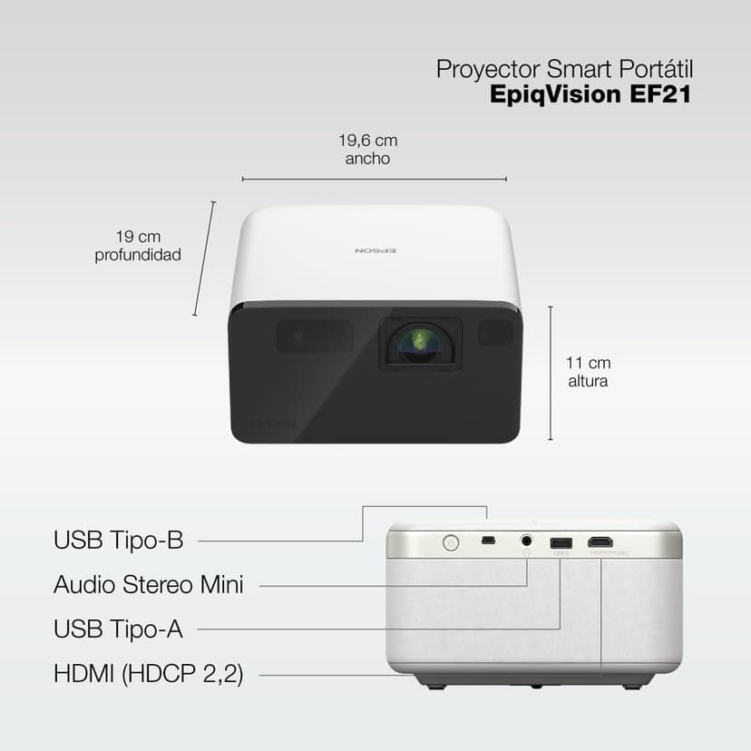 Epson EpiqVision Mini EF21 Portable Smart Laser Projector, Bright 1,000 Lumens, FHD 1080p HDR, 3-Chip 3LCD, Google TV, Netflix, Stereo Speakers, Family Party/Outdoor Backyard/Home Theater - White