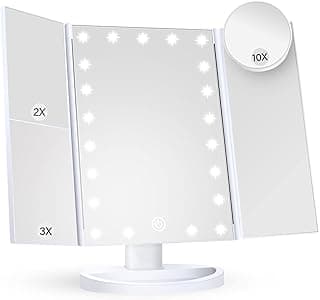 HUONUL Makeup Mirror Vanity Mirror with Lights, 2X, 3X, 10X Magnification, Touch Control, Trifold, White, 9.4" L x 13.4" W, Modern Style, Dresser Mount, Bathroom