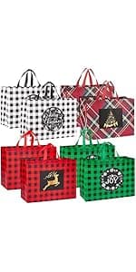 Heetobcos 12 Pack Christmas Gift Bags Large Reusable Tote Bags, Non-Wove Bags for New Year's Shopping, Christmas Surprise, Xmas Party Supplies,12.8"×9.8"×6.7"