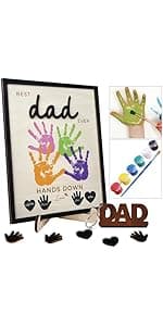10" Hands Down Best Dad Ever DIY Handprint Kit with Acrylic Paint, Art Craft Family Keepsake Wood Frame Dad Keychain Birthday Father's Day Gift for Daddy, Papa Family Sign with Kids Names HF90-D