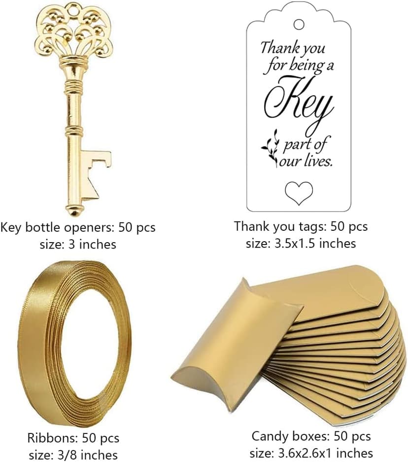 50 Sets Vintage Key Bottle Openers, Wedding Favor Souvenir Gift for Guests with Escort Card Thank You Tag Pillow Box and Satin Ribbon (Gold)