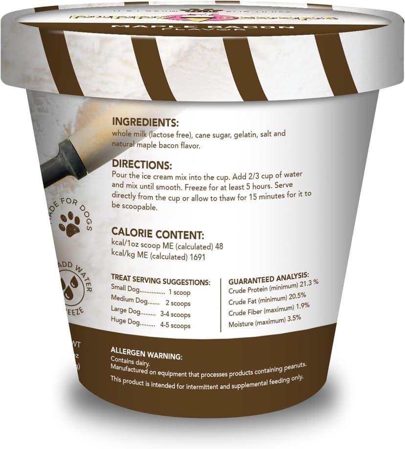 Dog Ice Cream Mix (Maple Bacon Flavor), 4.65 oz - Just Add Water and Freeze at Home, Powder Mix with Ice Cream Cup and Reusable Lid - Made in USA